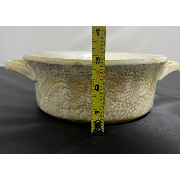 Terra Cotta Studio Stamped Pattern Pottery Baking Dish Unmarked Yellow Ivory - Picture 11 of 11